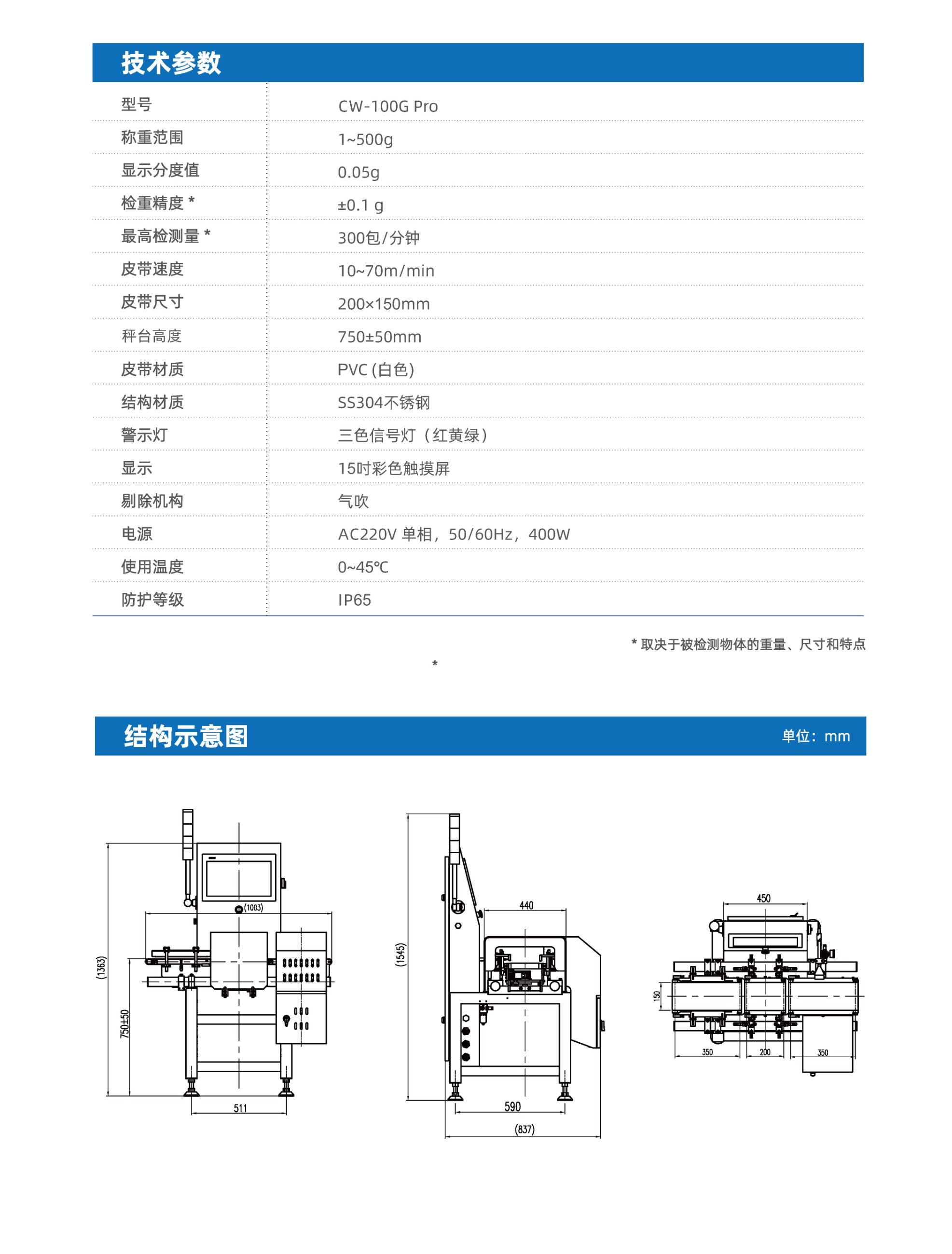 PHISHINE菲軒CW-100G Pro動態(tài)皮帶檢重秤參數(shù)