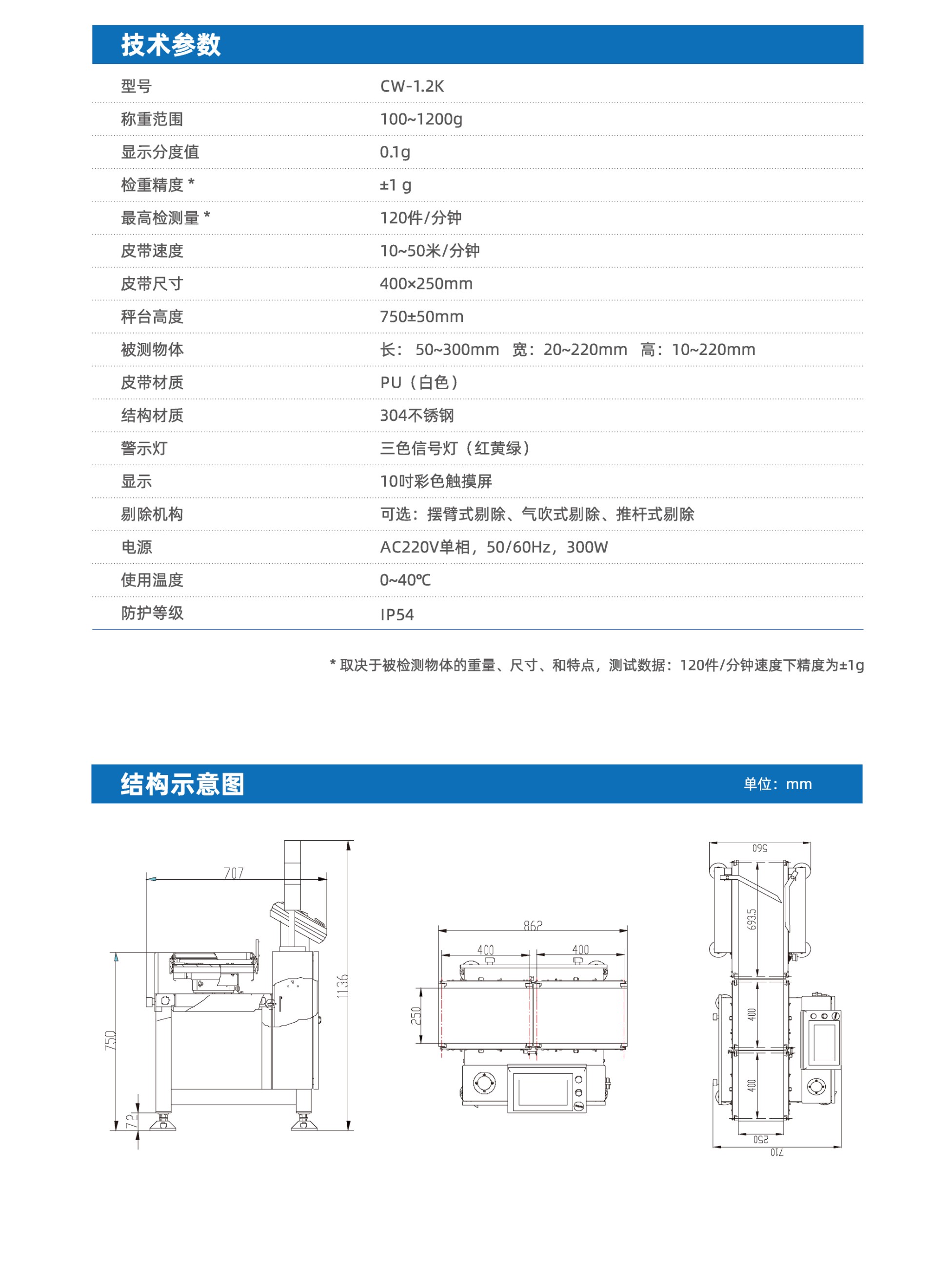 PHISHINE菲軒CW-1.2K動(dòng)態(tài)皮帶檢重秤參數(shù)